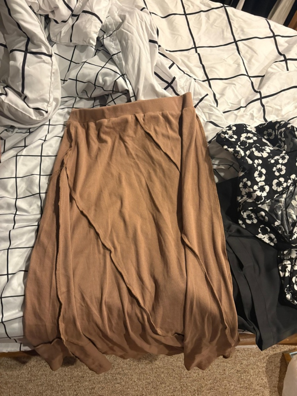 Women's Tan A-Line Midi Skirt with Draped Paneling